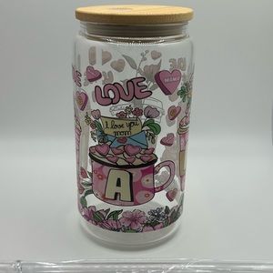 Glass Can Tumbler, 16 onzas, with bamboo Lid and Plastic Straw Included.